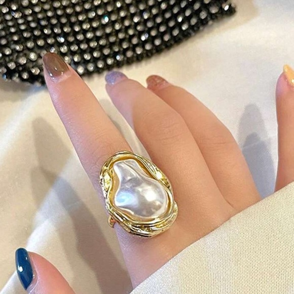 Irregular Pearl Rings Gold Baroque Statement Ring Adjustable Chunky Wedding - Picture 6 of 14